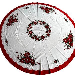 Vintage Christmas Holiday Tablecloth round white red poinsettias cotton poly 80s